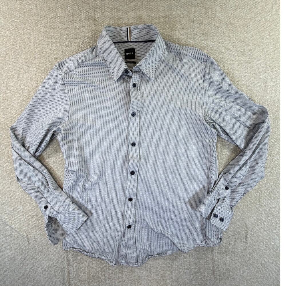 Hugo Boss Men's Large White Blue Dotted Slim Fit Long Sleeve Button Front Shirt